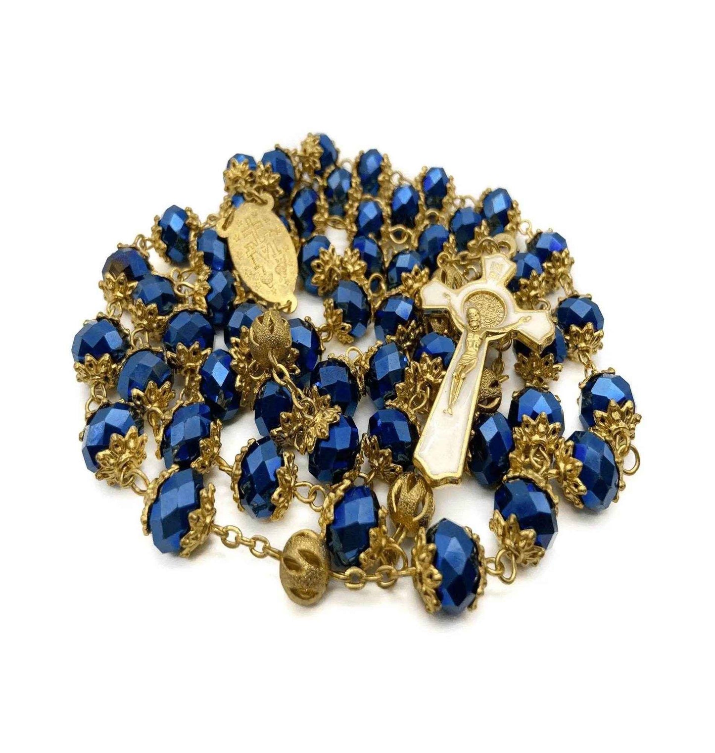 St Benedict Deep Blue Rosary Necklace 10mm Crystals Beaded Chaplet