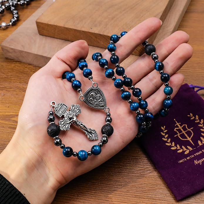Blue Tiger Eye Rosary Necklace Lava Stone Prayer Beads with St. Joseph Medal & Crucifix - Nazareth Store