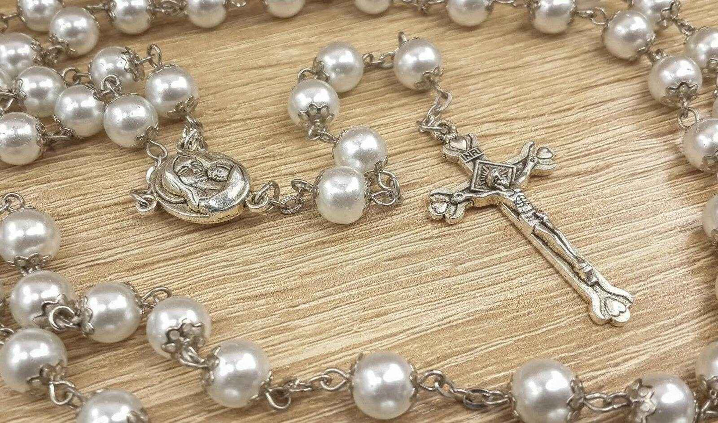 White Pearl Beads Rosary Necklace Holy Mary Medal & Cross Velvet Bag