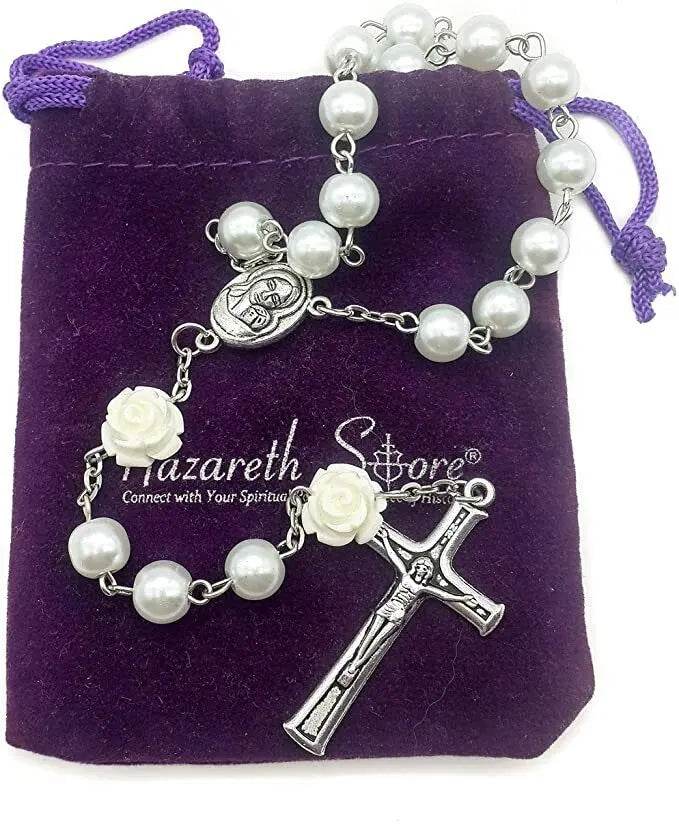 White Pearl Beads Rosary Necklace Our Rose Lourdes Medal & Cross Crucifix - Nazareth Store