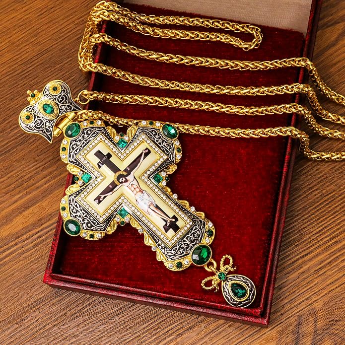 Green Zircon Stone 18K Gold-Plated Christian Pectoral Cross Pendant Necklace with Crystal Accents