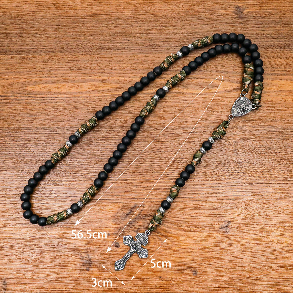 Black Beaded Green & Brown Paracord Catholic Rosary with St. Michael Medal & Pardon Crucifix