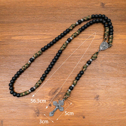 Black Beaded Green & Brown Paracord Catholic Rosary with St. Michael Medal & Pardon Crucifix