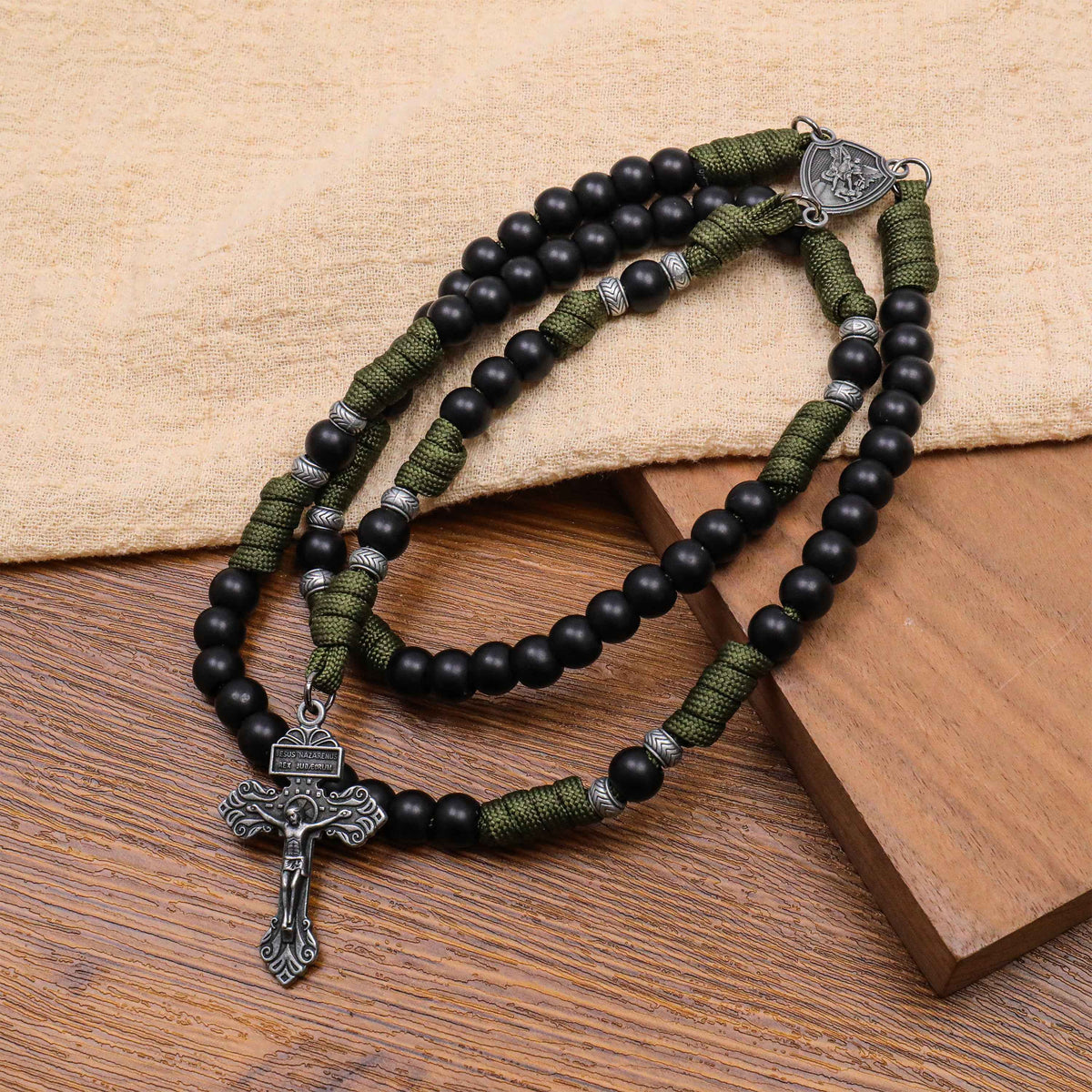 Black Beaded Olive Green Paracord Catholic Rosary Necklace with St. Michael Crucifix