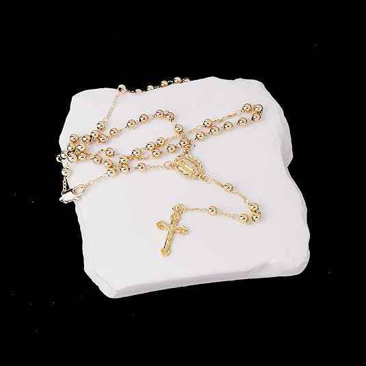 18K Gold Bronze Rosary Necklace Our Lady of Guadalupe & Crucifix with 4mm Prayer Beads