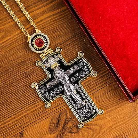 18K Gold Plated Black Pectoral Cross Pendant Red Stone Crucifix Necklace