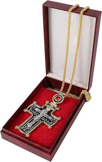 18K Gold Plated Black Pectoral Cross Pendant Red Stone Crucifix Necklace