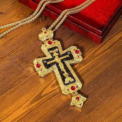 18K Gold Plated Grey Glaze Pectoral Cross Pendant Red Zircon Crucifix Necklace