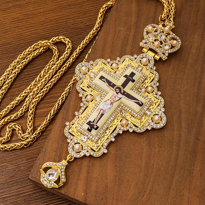 White Pearl 18K Gold-Plated Christian Pectoral Cross Pendant Necklace with Crystal Accents