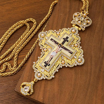 White Pearl 18K Gold-Plated Christian Pectoral Cross Pendant Necklace with Crystal Accents