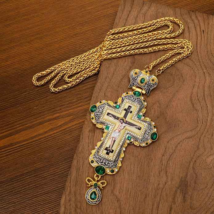 Green Zircon Stone 18K Gold-Plated Christian Pectoral Cross Pendant Necklace with Crystal Accents