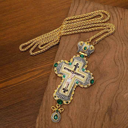 Green Zircon Stone 18K Gold-Plated Christian Pectoral Cross Pendant Necklace with Crystal Accents