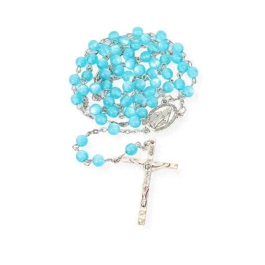 Light Blue 7mm Round Beads Turquoise Cat Eye Stone Miraculous Medal with Crucifix - Nazareth Store