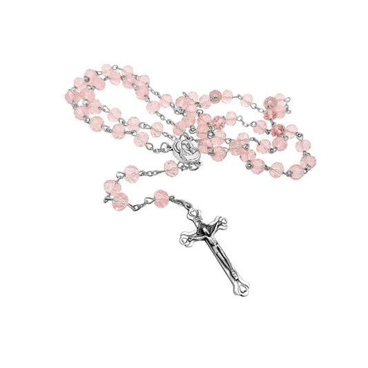 Pink Crystal Beads Rosary Necklace Holy Soil Medal & Silver Jesus Cross Crucifix - Nazareth Store