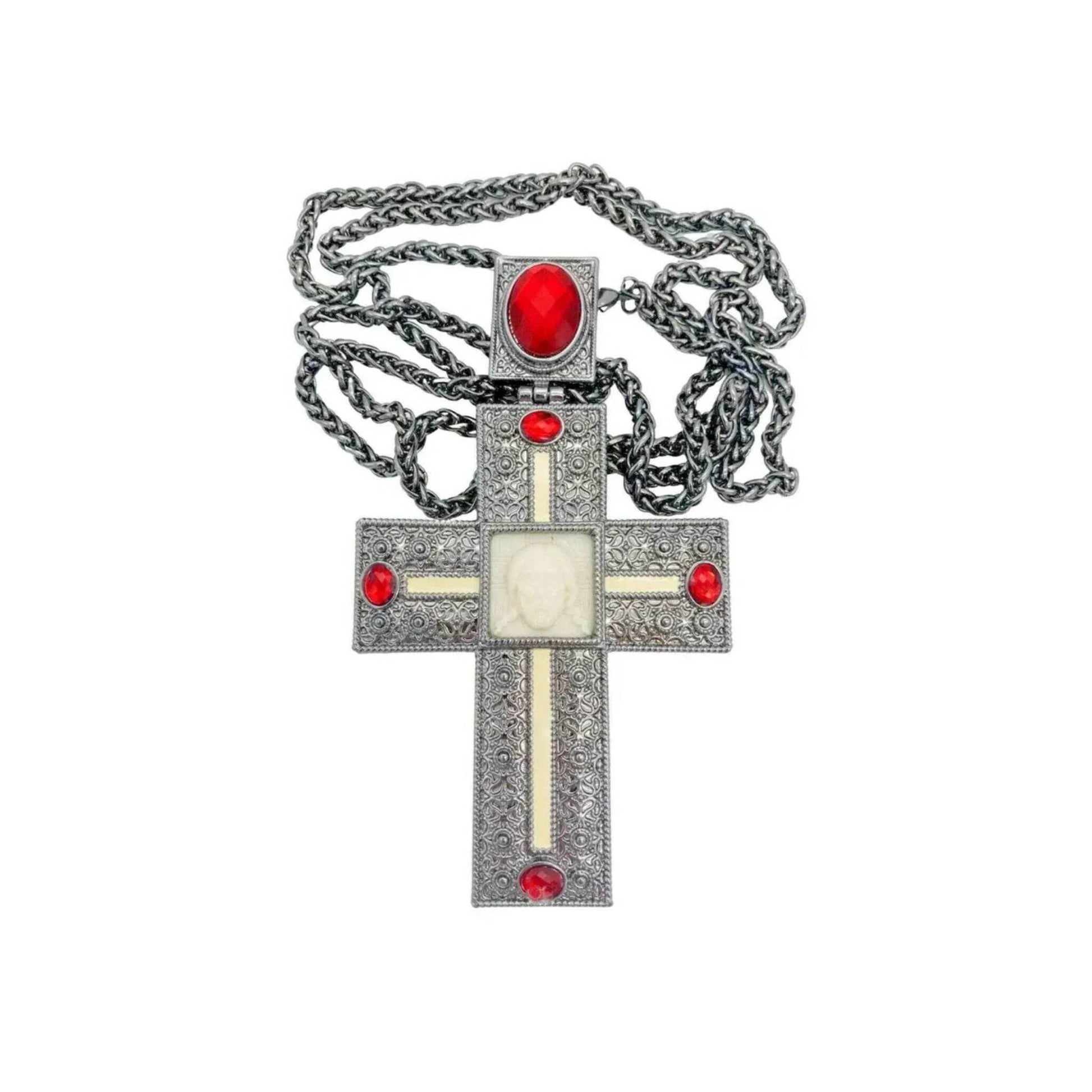 Antique Silver Pectoral Cross Necklace Red Crystallized Glass Priest Bishop Crucifix - Nazareth Store