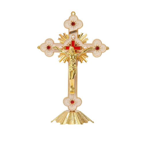 Golden Jesus Cross Standing Tabletop INRI Crucifix with Red Crystallized Glass - Nazareth Store