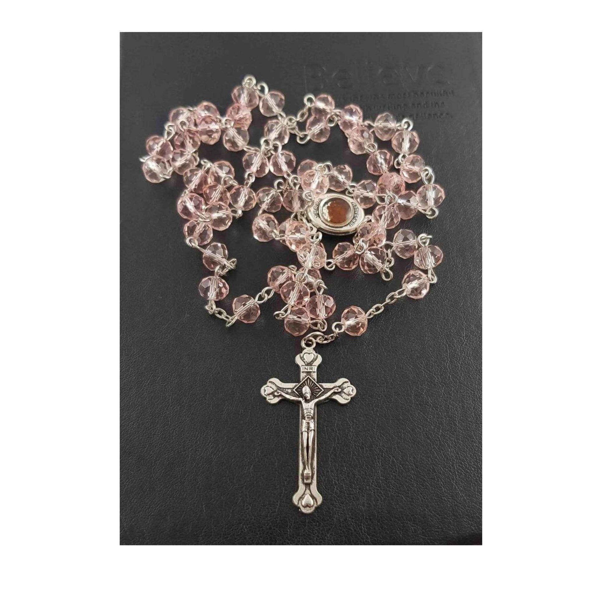 Pink Crystal Beads Rosary Necklace Holy Soil Medal & Silver Jesus Cross Crucifix