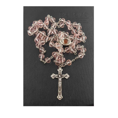 Pink Crystal Beads Rosary Necklace Holy Soil Medal & Silver Jesus Cross Crucifix