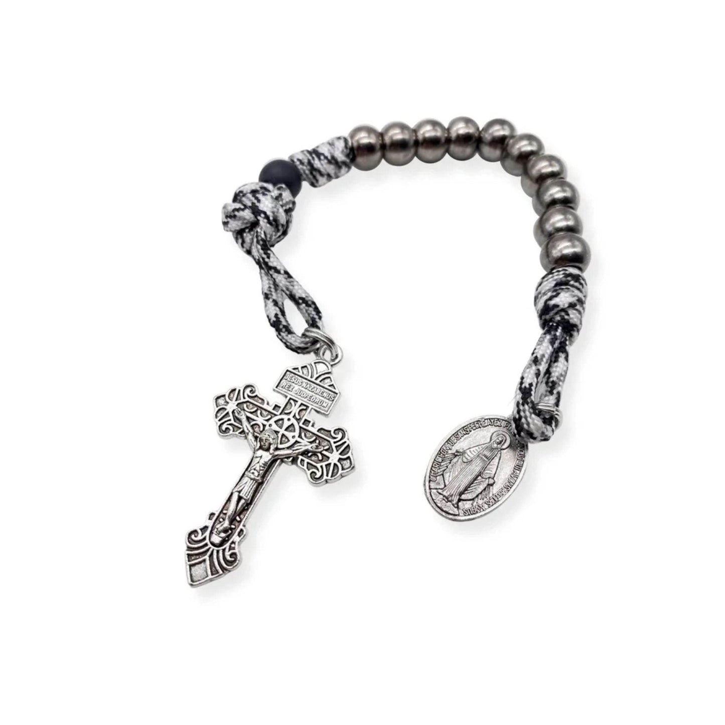 One Decade Black & White Paracord Rosary Silver Beads Pocket with Miraculous Chaplet - Nazareth Store