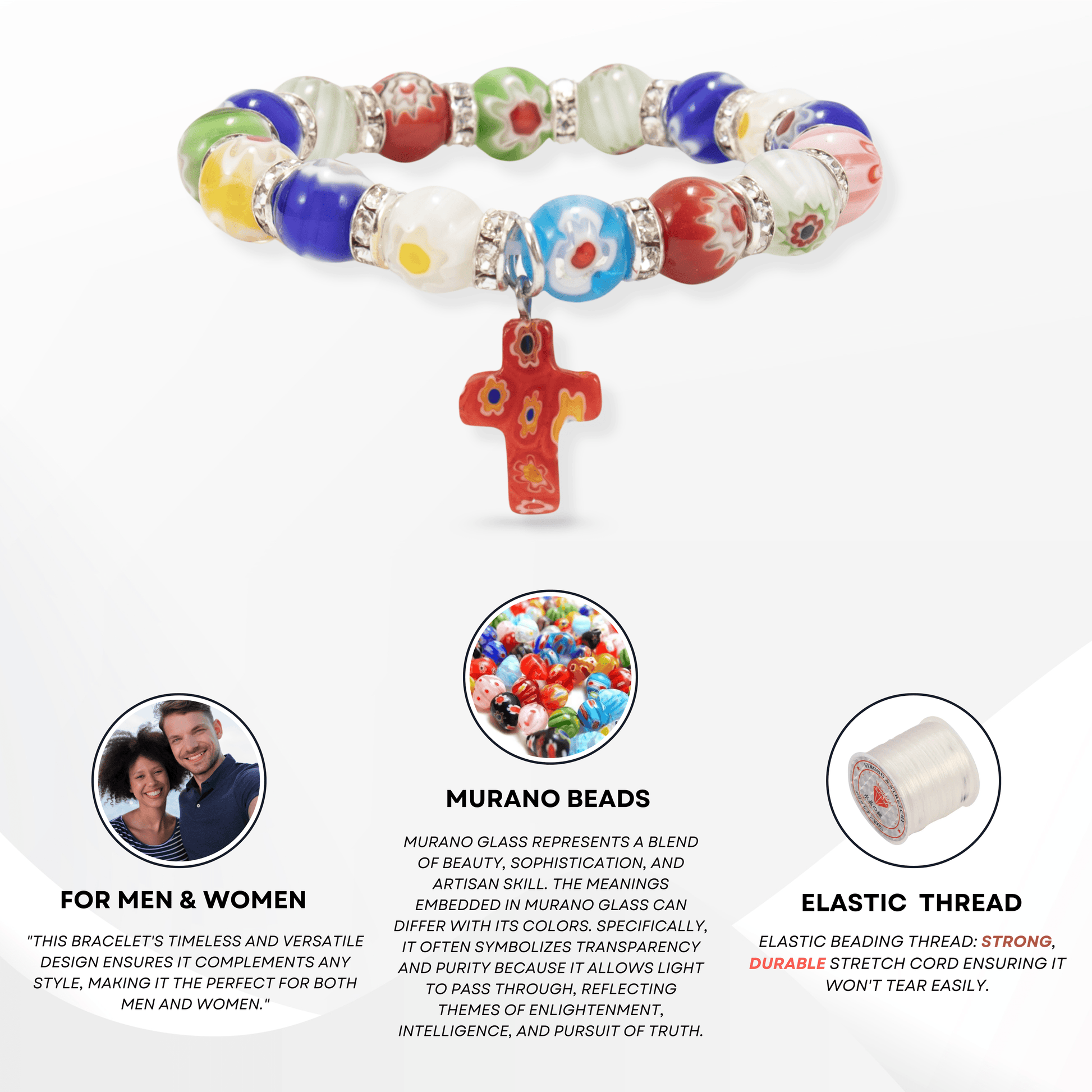 Colorful Agate Stone Beads Bracelet Rosary Hanging Cross