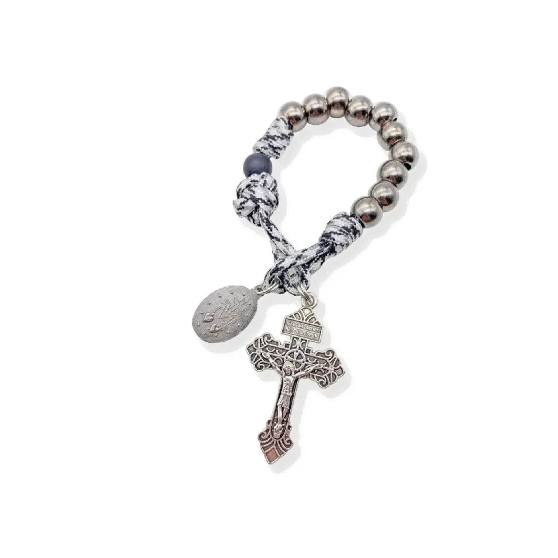 One Decade Black & White Paracord Rosary Silver Beads Pocket with Miraculous Chaplet - Nazareth Store