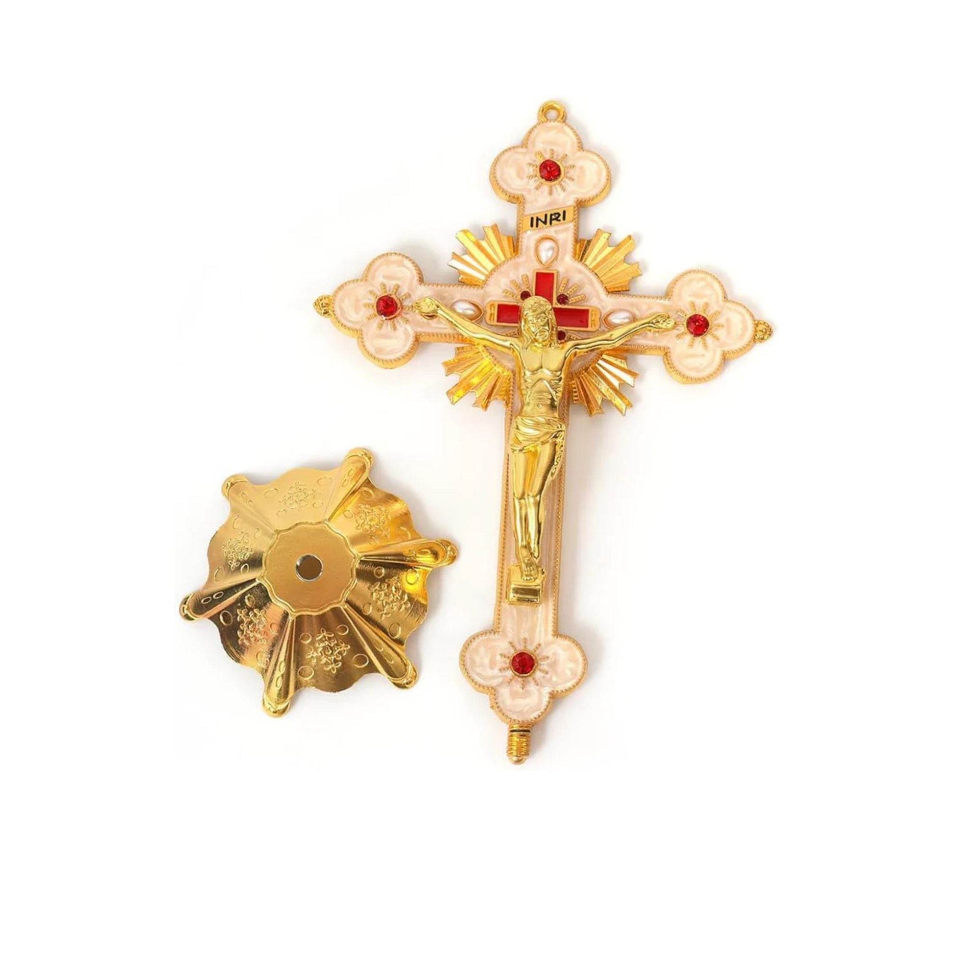 Golden Jesus Cross Standing Tabletop INRI Crucifix with Red Crystallized Glass - Nazareth Store
