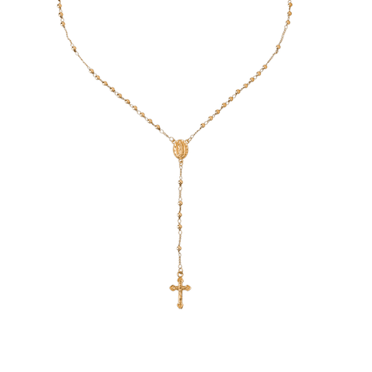 18K Gold Bronze Rosary Necklace Our Lady of Guadalupe & Crucifix with 3mm Prayer Beads