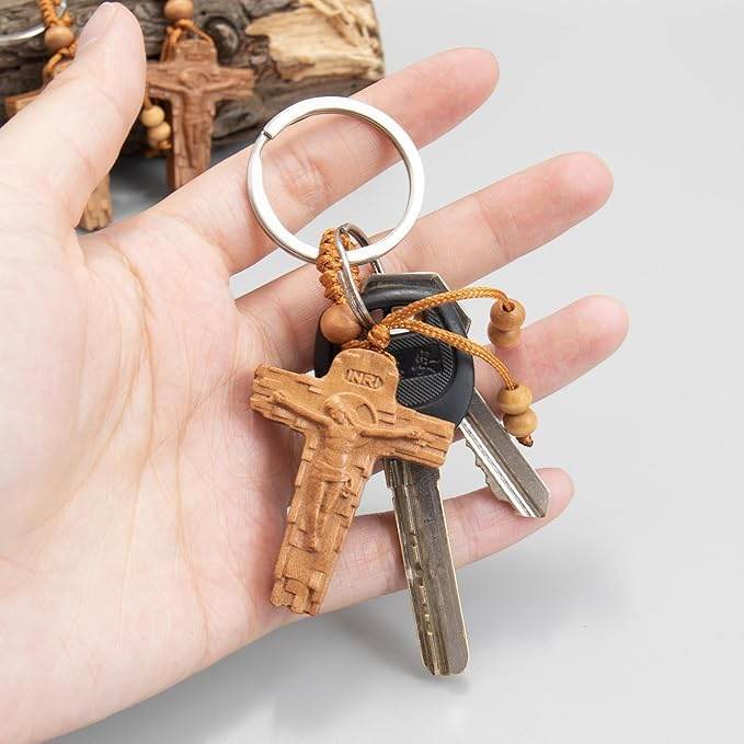 3pcs Wooden Crucifix Keychain Set Hand-Carved Peach Wood with Beaded Rope - Nazareth Store - Retail