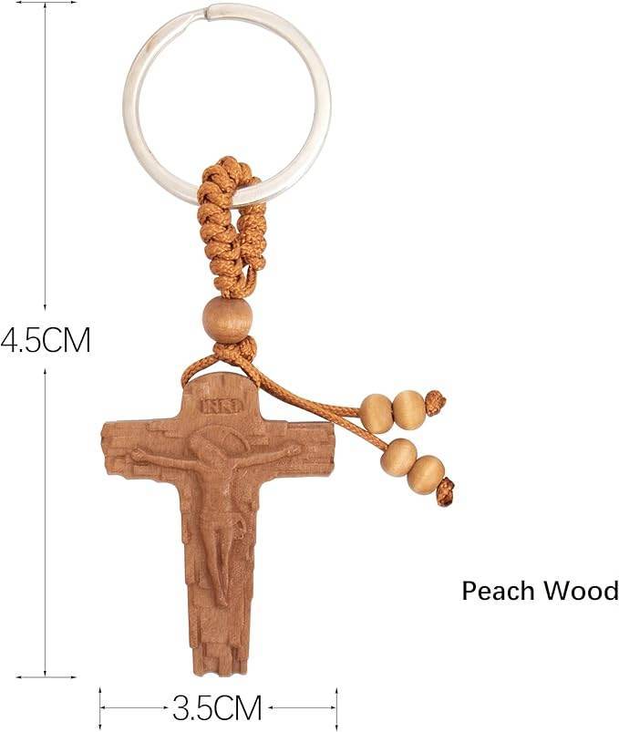 3pcs Wooden Crucifix Keychain Set Hand-Carved Peach Wood with Beaded Rope - Nazareth Store - Retail