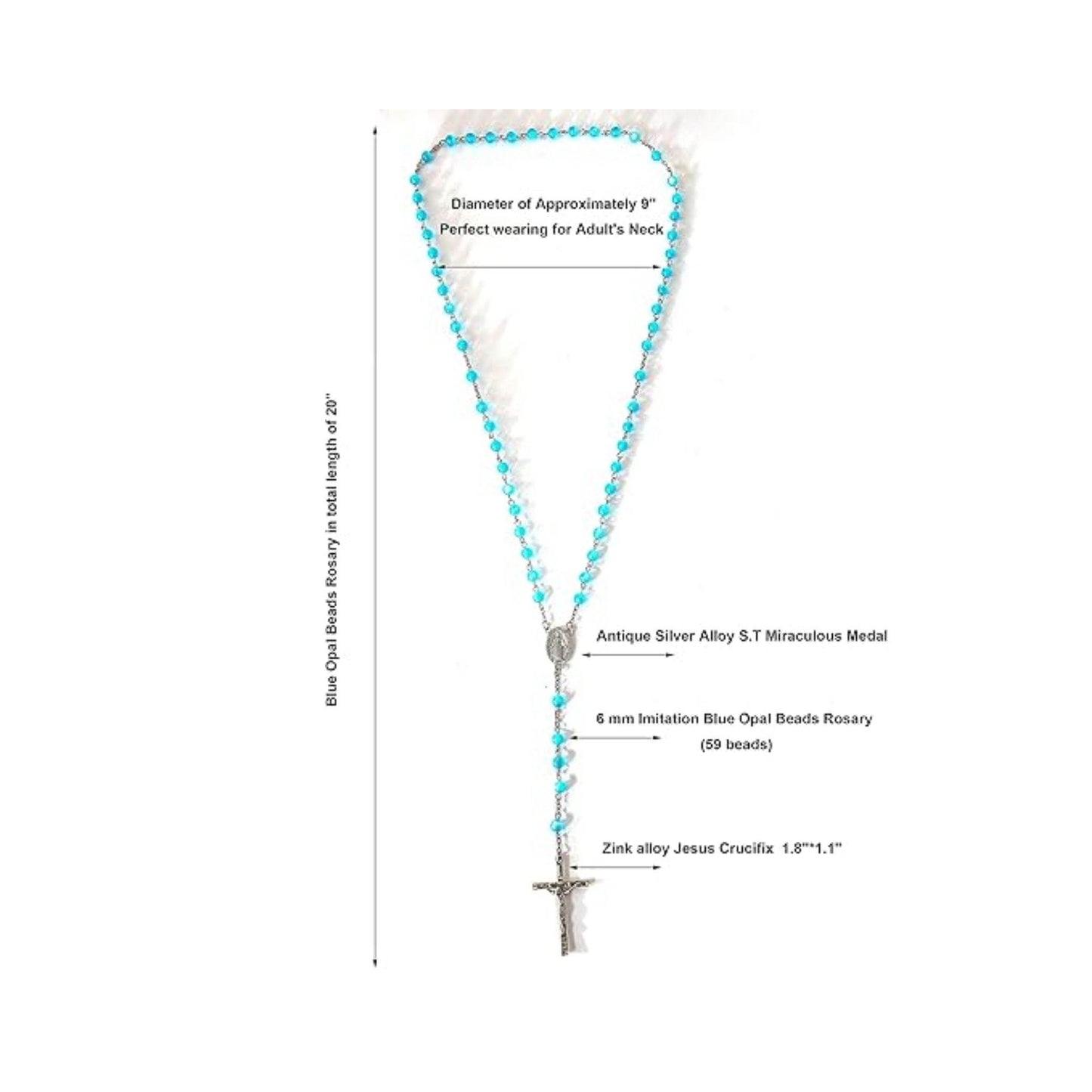 Light Blue 7mm Round Beads Turquoise Cat Eye Stone Miraculous Medal with Crucifix - Nazareth Store