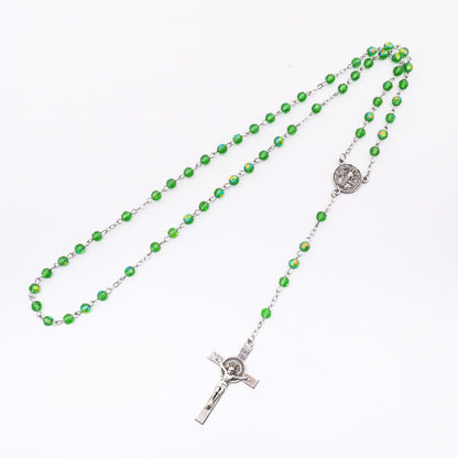 Green Crystallized Glass Beads Rosary Necklace with St. Benedict Medal & Crucifix