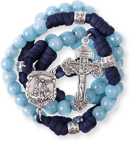 Aquamarine One Decade Rosary Beads Paracord Set St. Michael Necklace & St. Benedict - Nazareth Store 
