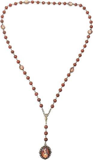 Red Coral Our Lady Sorrows Stone Beads Rosary Chaplet Necklace with Epoxy 7 Medallion - Nazareth Store