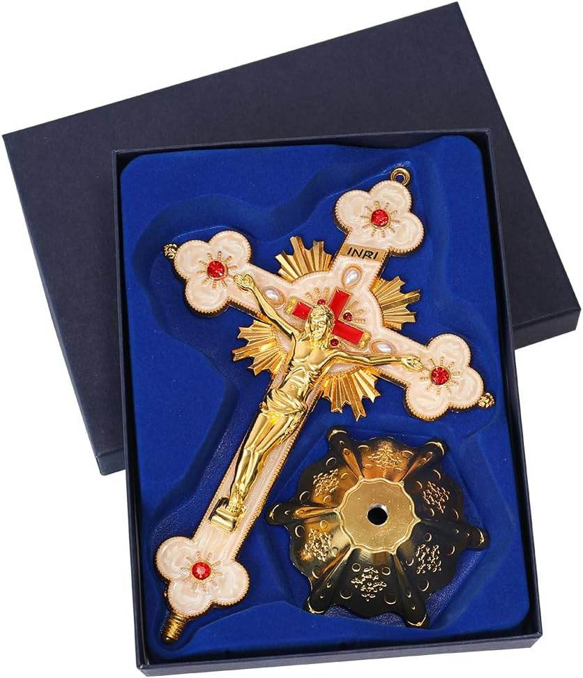 Golden Jesus Cross Standing Tabletop INRI Crucifix with Red Crystallized Glass - Nazareth Store