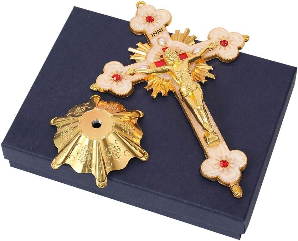 Golden Jesus Cross Standing Tabletop INRI Crucifix with Red Crystallized Glass - Nazareth Store