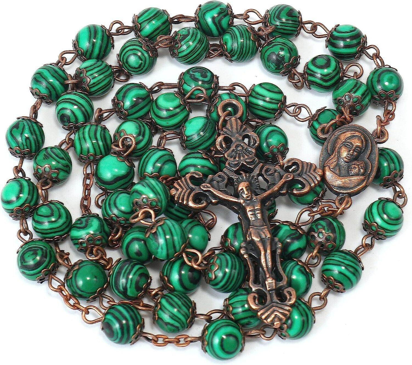 Malachite Natural Stone Rosary Beads Necklace Holy Soil & Cross Crucifix - Nazareth Store