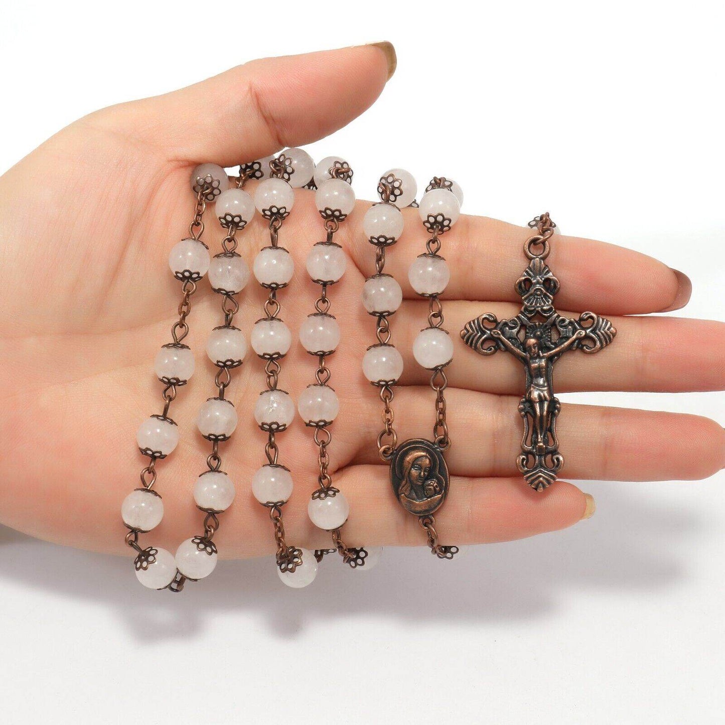 Clear Agate Natural Stone Rosary Beads Necklace Holy Soil & Cross Crucifix - Nazareth Store