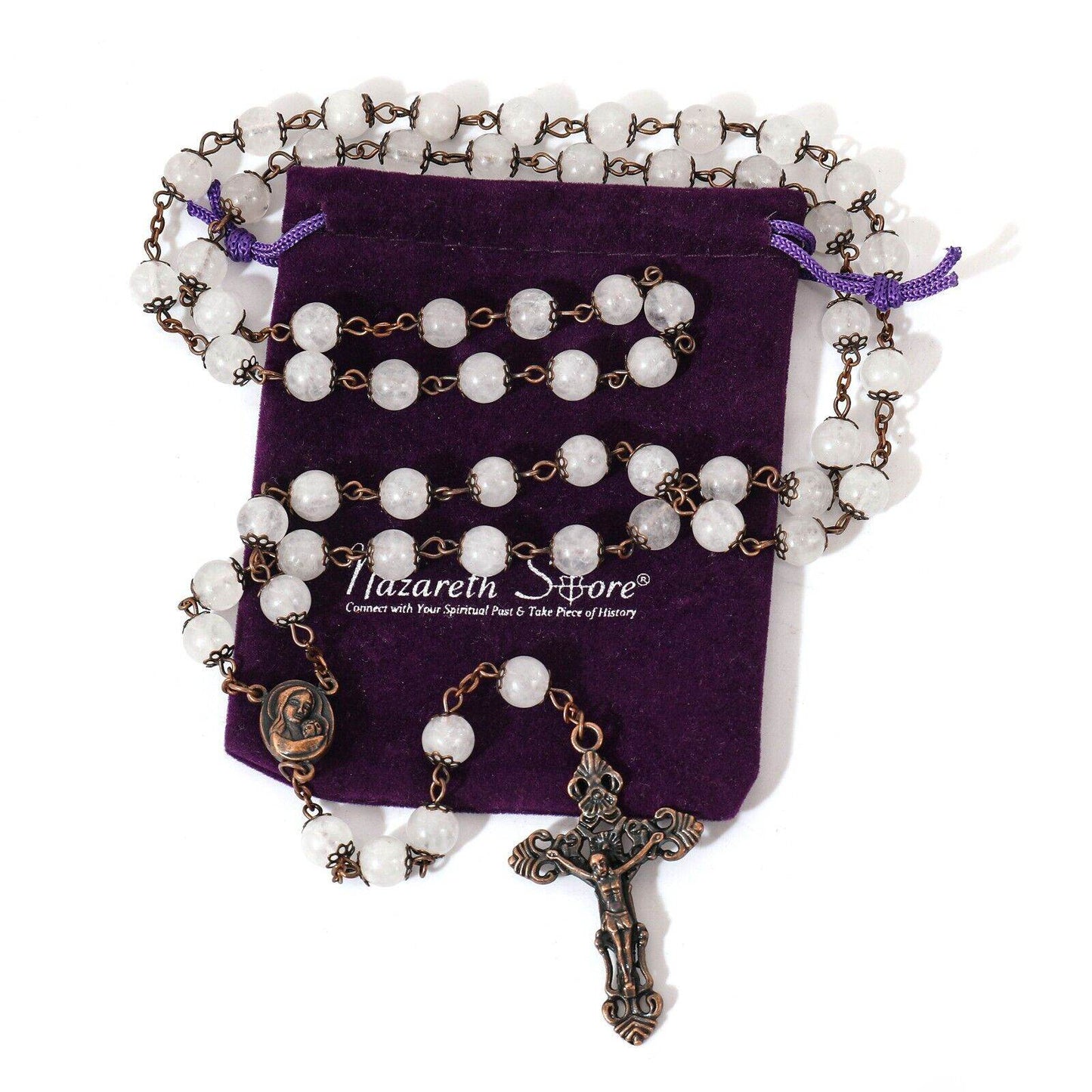 Clear Agate Natural Stone Rosary Beads Necklace Holy Soil & Cross Crucifix - Nazareth Store
