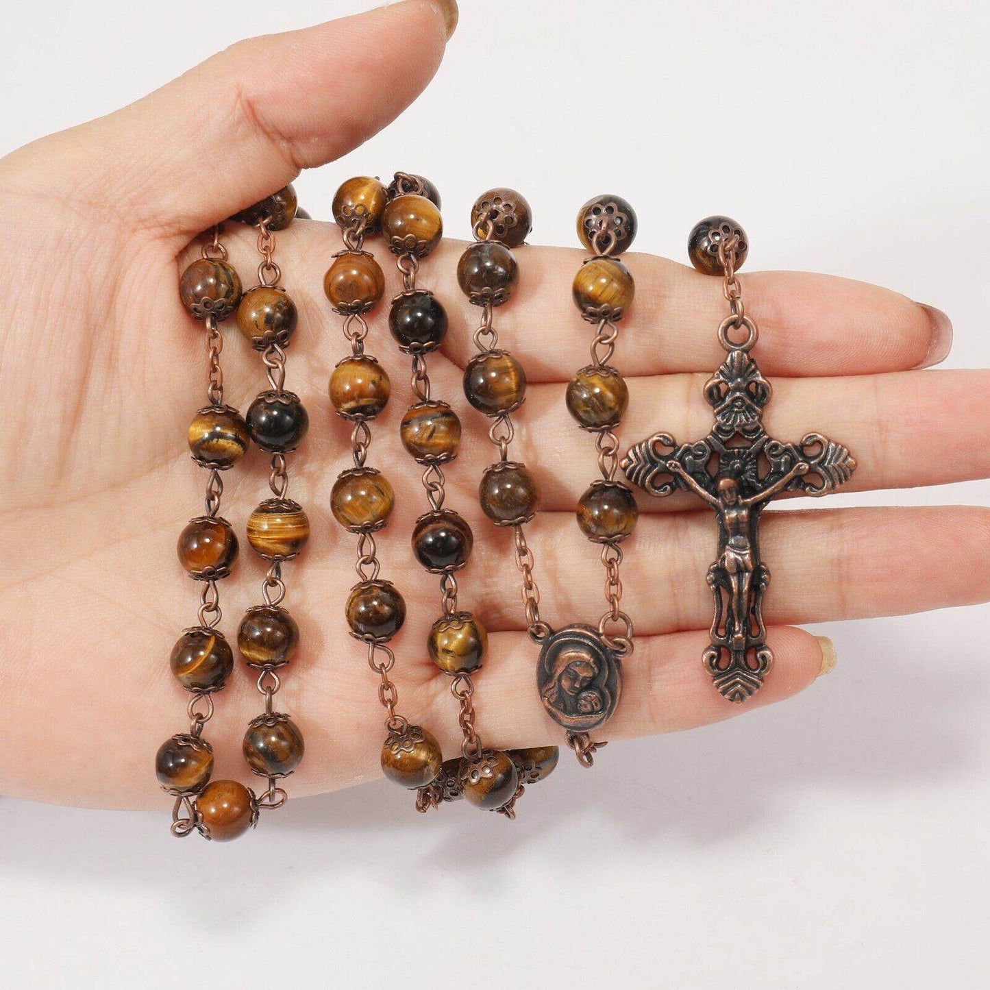 Tiger Eye Natural Stone Rosary Beads Necklace Holy Soil & Cross Crucifix - Nazareth Store