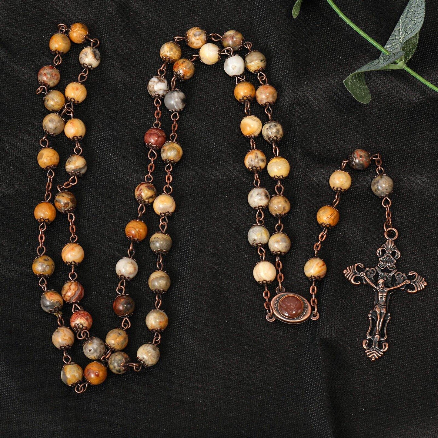 Yellow Jasper Natural Stone Rosary Beads Necklace Holy Soil & Cross Crucifix - Nazareth Store