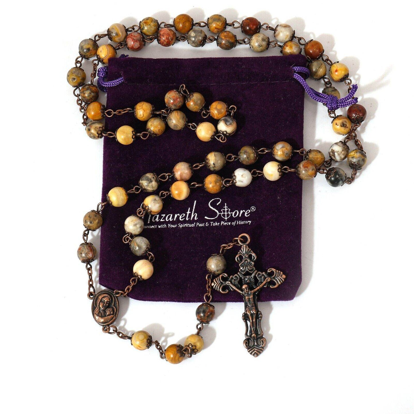 Yellow Jasper Natural Stone Rosary Beads Necklace Holy Soil & Cross Crucifix - Nazareth Store