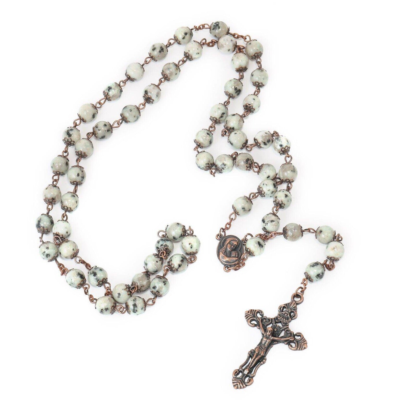 Dalmatian Jasper Natural Stone Rosary Beads Necklace Holy Soil & Cross - Nazareth Store