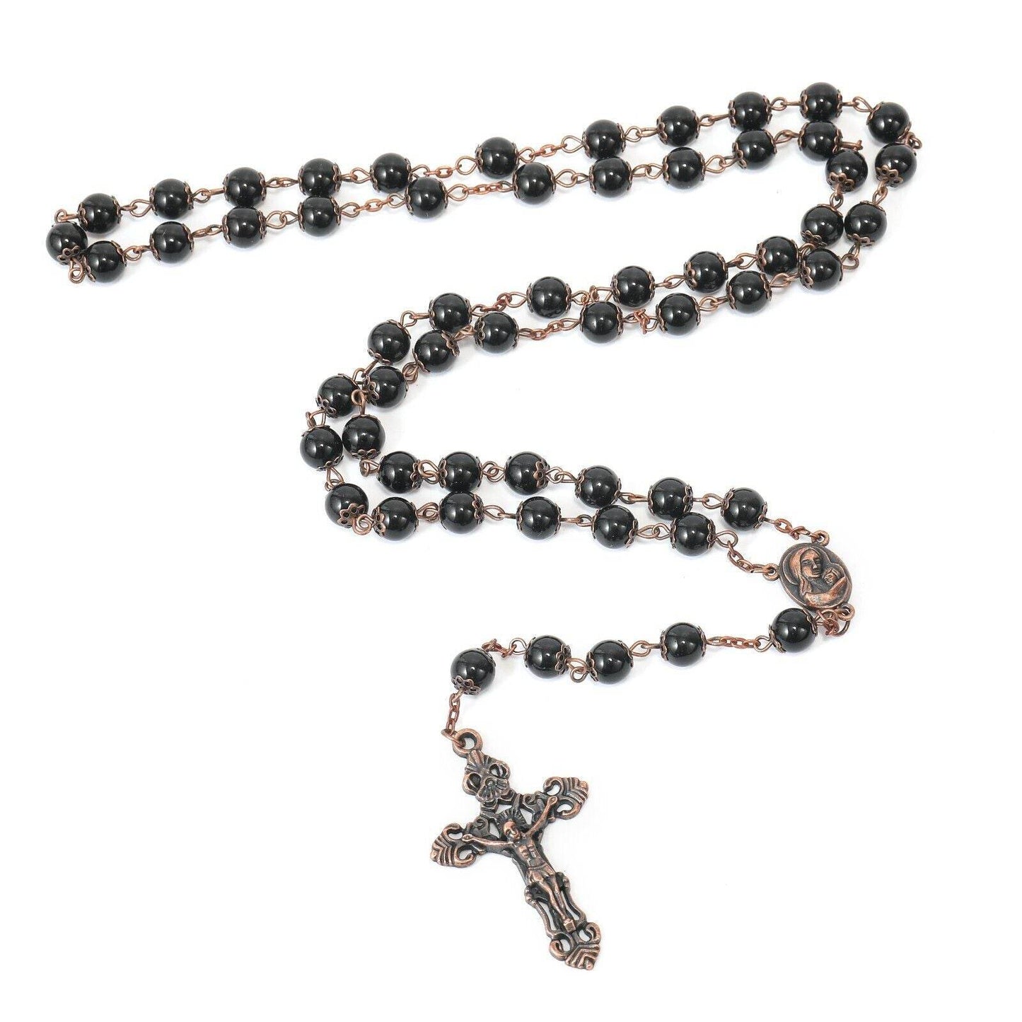 Black Obsidian Natural Stone Rosary Beads Necklace Holy Soil & Cross Crucifix - Nazareth Store