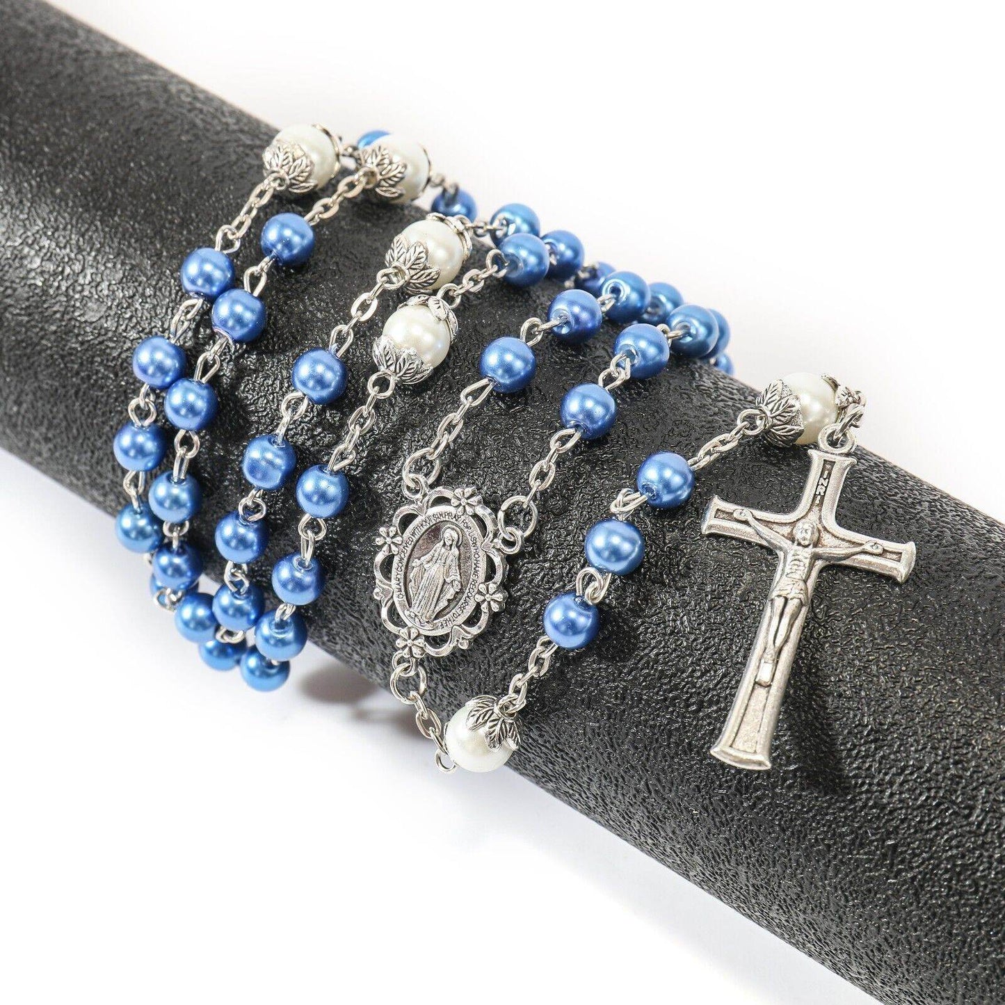 Blue Pearl Beads Rosary White Beaded Necklace Lourdes Medal & Cross - Nazareth Store