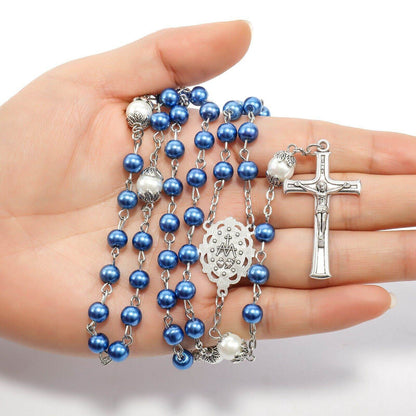 Blue Pearl Beads Rosary White Beaded Necklace Lourdes Medal & Cross - Nazareth Store