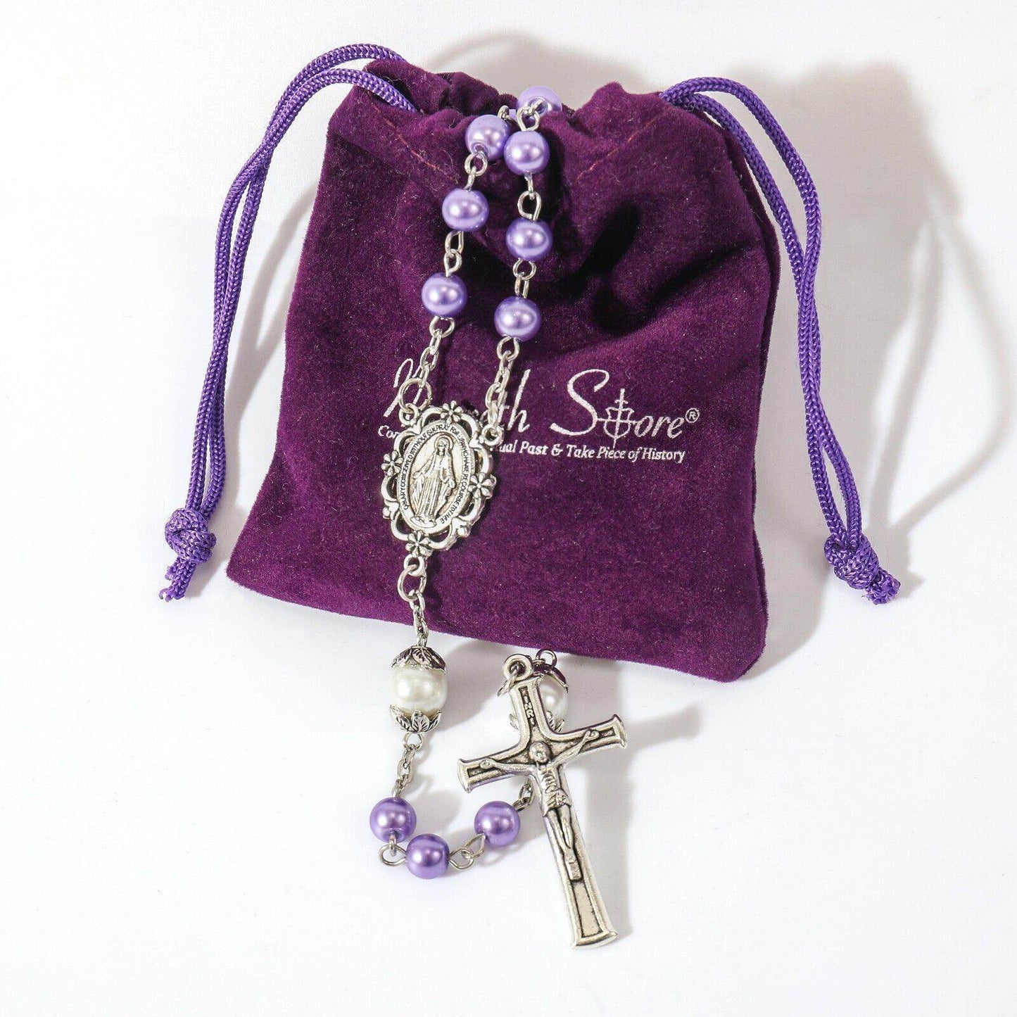 Purple Pearl Beads Rosary White Our Father Beaded Necklace Lourdes Medal & Cross Crucifix - Nazareth Store