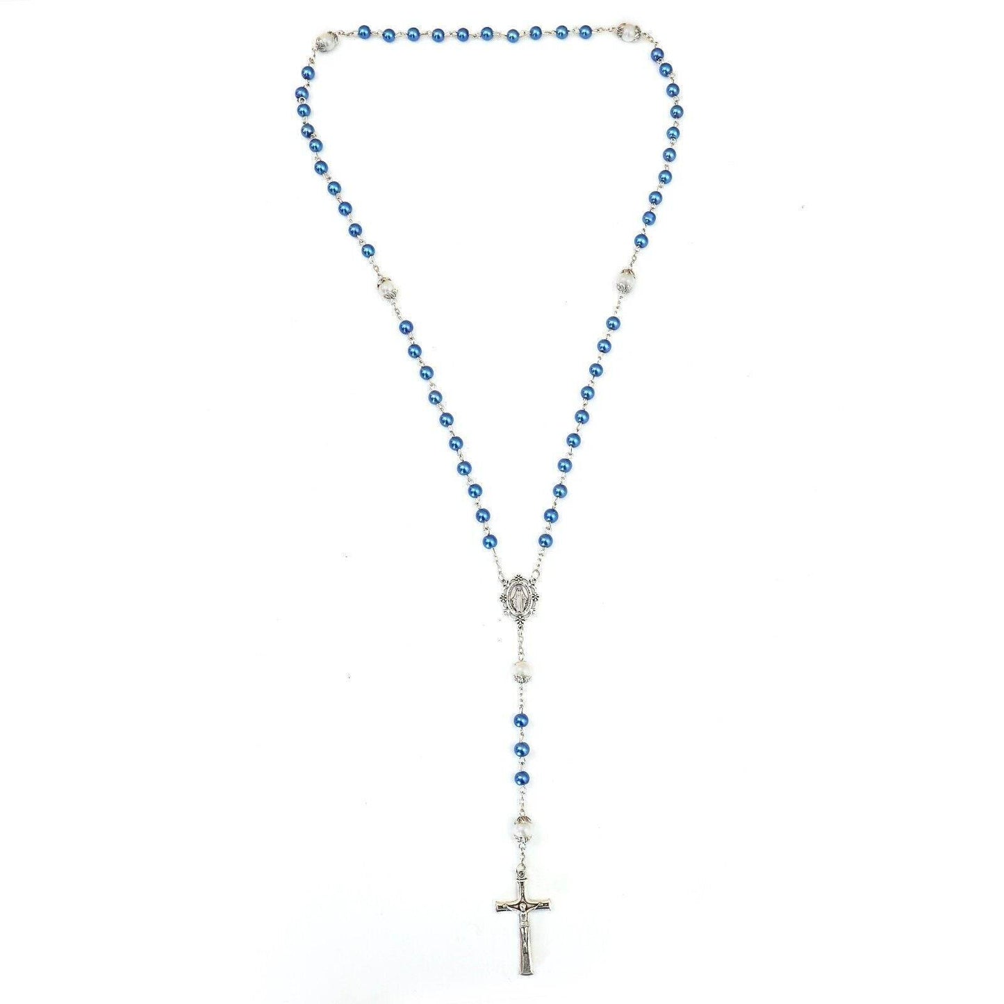 Blue Pearl Beads Rosary White Beaded Necklace Lourdes Medal & Cross - Nazareth Store