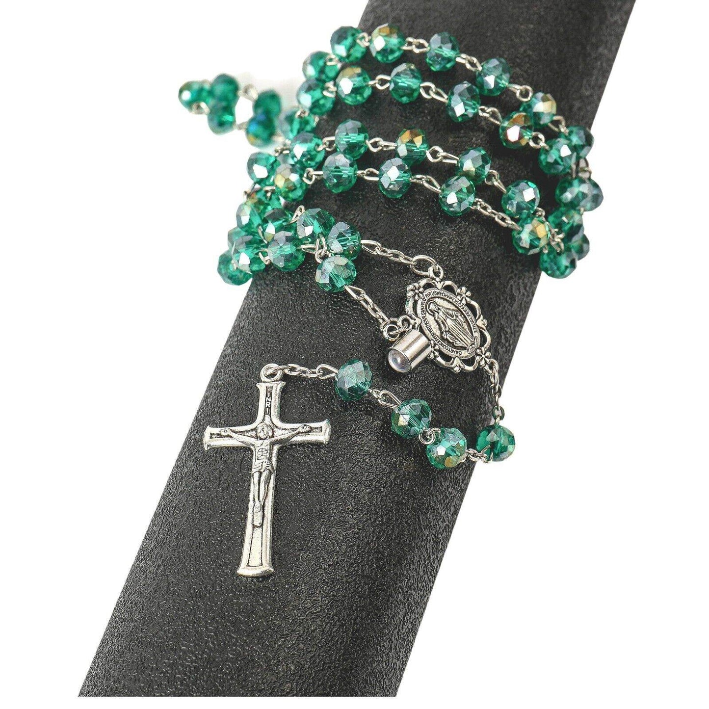 Green Crystallized Beads Rosary Miraculous Medal - Nazareth Store