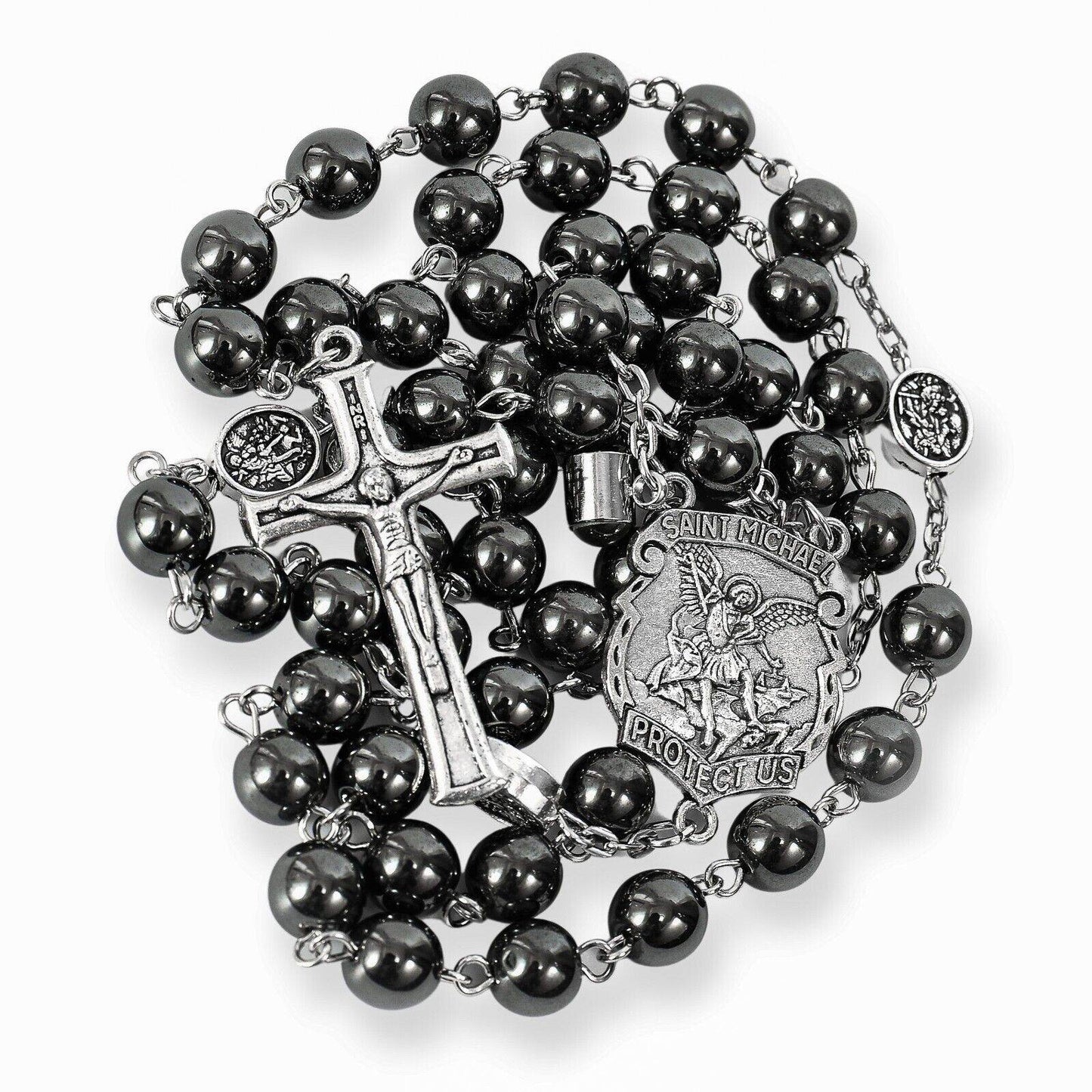 St. Michael Hematite Stone Beads Rosary Lords Prayer Saint Medal & Crucifix - Nazareth Store