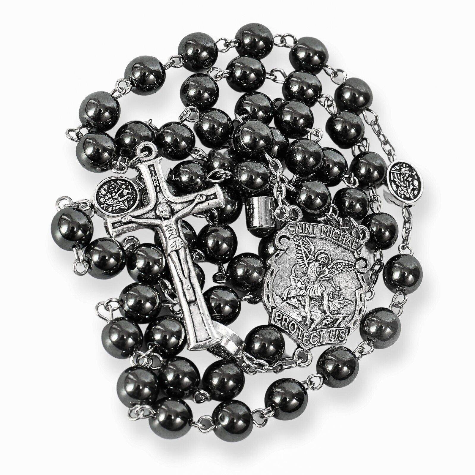St. Michael Hematite Stone Beads Rosary Lords Prayer Saint Medal & Crucifix - Nazareth Store